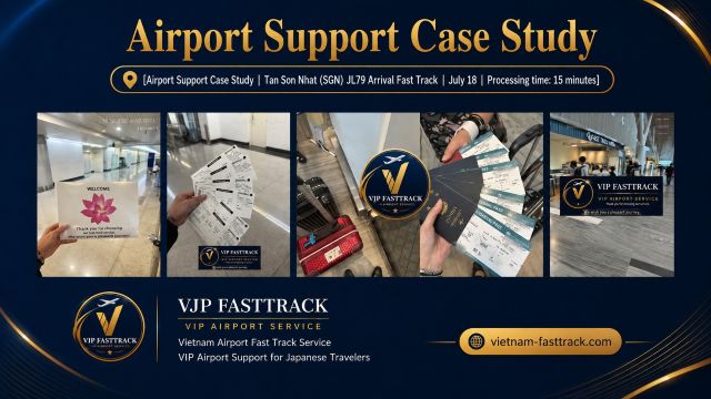 Family traveling with VJP FASTTRACK staff inside the domestic terminal at Tan Son Nhat Airport