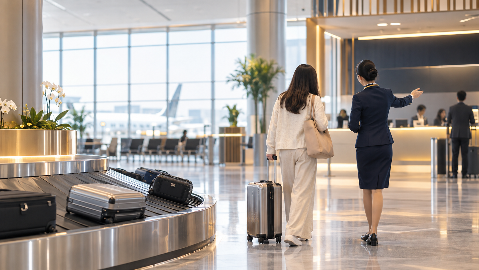 ベトナム空港の手荷物受取エリアで、スタッフが旅行者を案内するイメージ